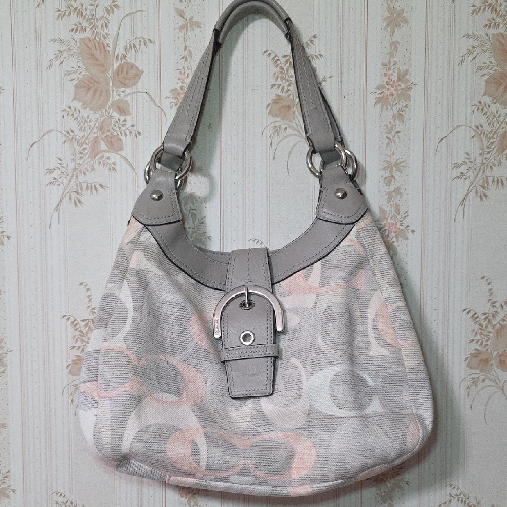 Coach 2012 Gray and Pink Shoulder Bag with Signature Monogram